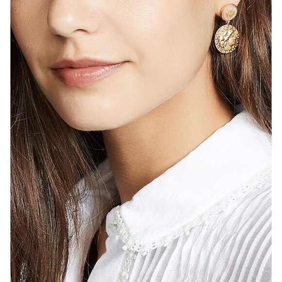 Tory Burch Mother of Pearl Logo Coin Medallion Drop Earrings Pink/Tory Gold OS - Picture 11 of 12